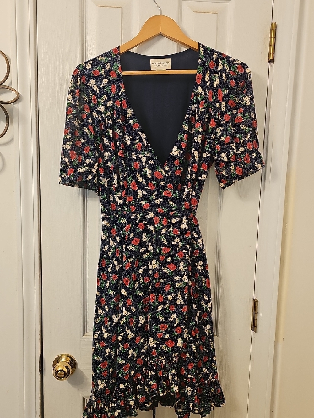 Denim & Supply Ralph Lauren Navy Midi Dress with Red and White Floral Print